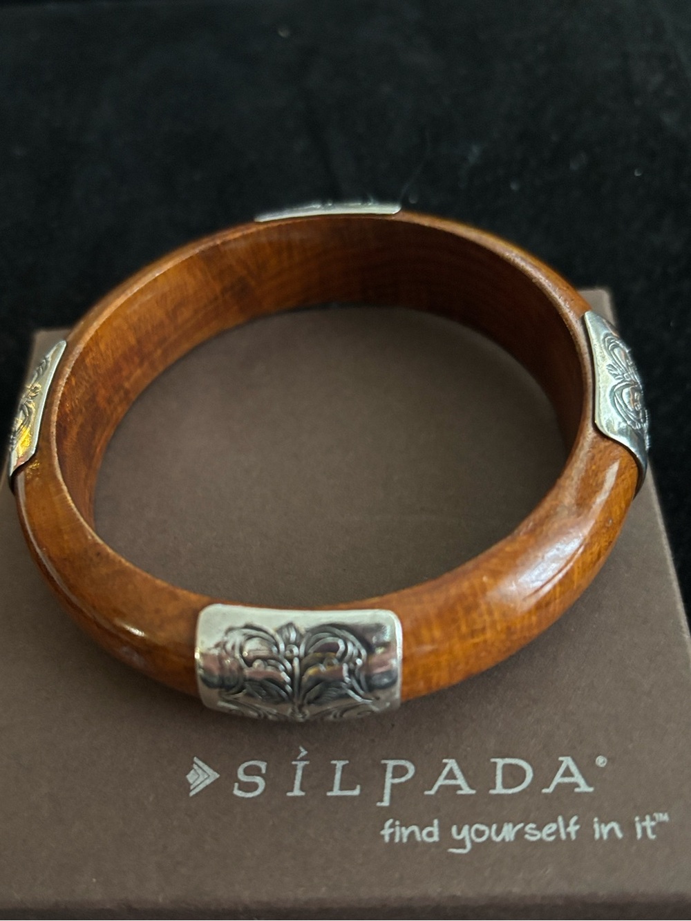 Vintage Silpada Wood Bangle w/ etched .925 Sterling Silver Overlays